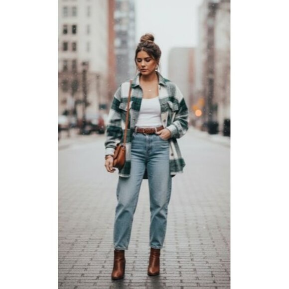 Avec Les Filles Jackets & Blazers - Avec Les Filles Green White Buffalo Plaid Wool Blend Shacket Overshirt